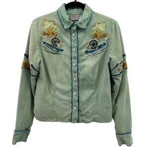 Double‎ D Ranch VTG Pearl Snap Jacket Womens M Green Suede Leather Embroidered